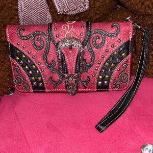 Pink and Black Studded Women's Clutch